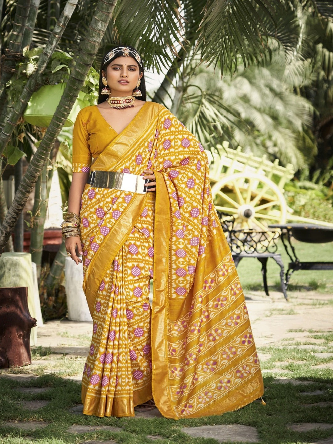 Mustard Ikat Motifs Printed Foil Border Silk Saree