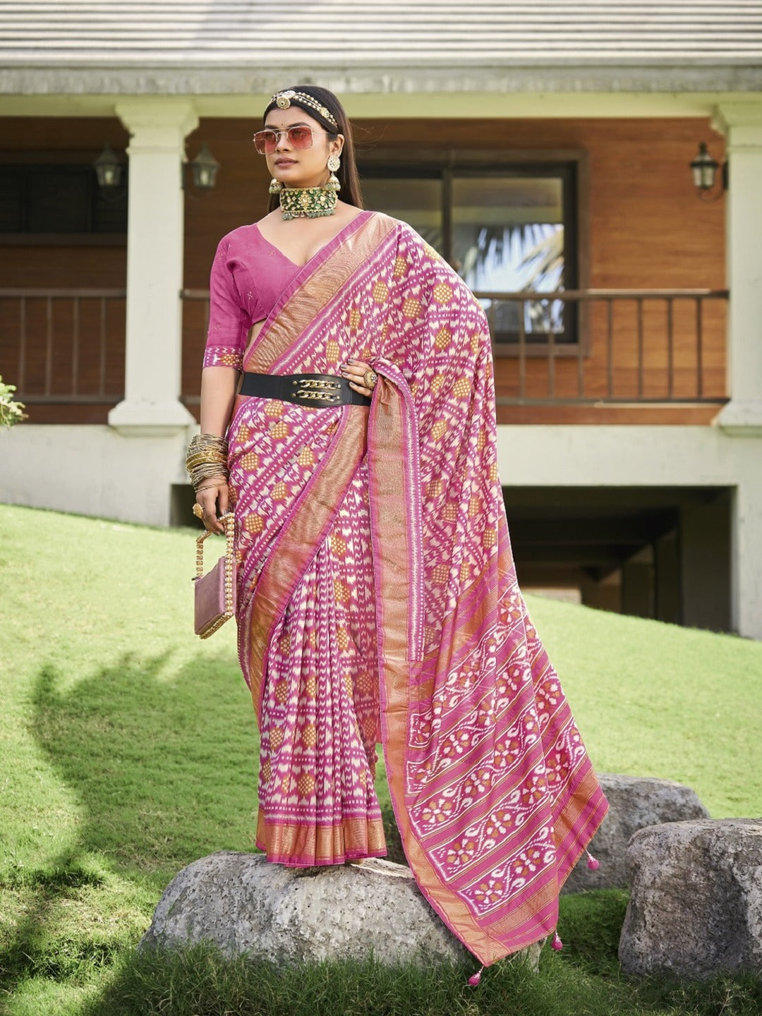 Mauve Ikat Motifs Printed Foil Border Silk Saree