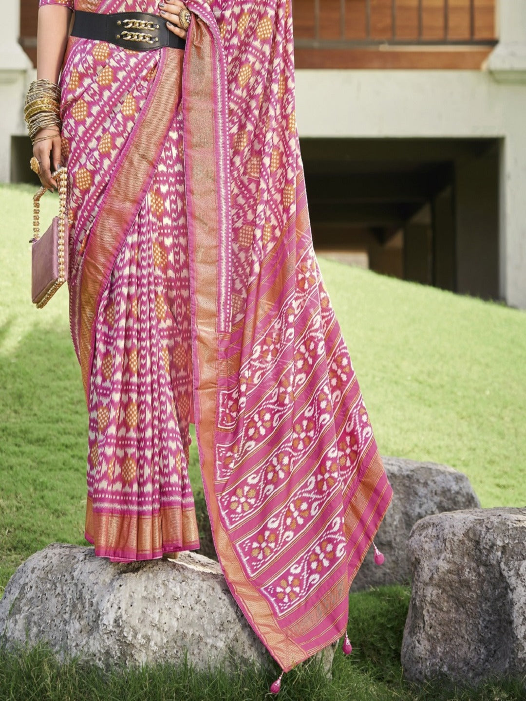 Mauve Ikat Motifs Printed Foil Border Silk Saree