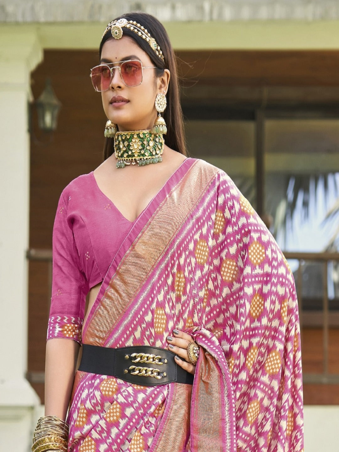 Mauve Ikat Motifs Printed Foil Border Silk Saree