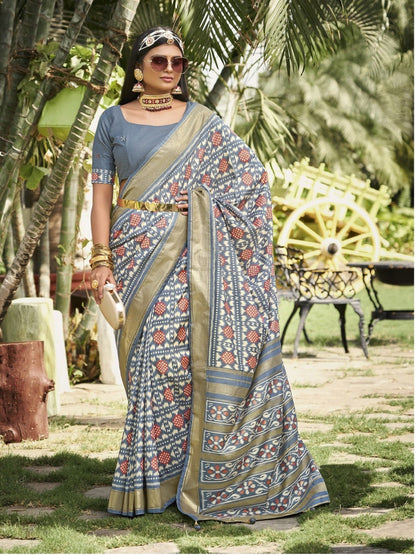 Grey Ikat Motifs Printed Foil Border Silk Saree