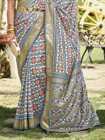 Grey Ikat Motifs Printed Foil Border Silk Saree