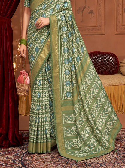 Mehndi Ikat Motifs Printed Foil Border Silk Saree