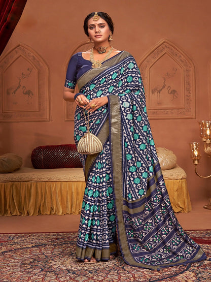 Navy Blue Ikat Motifs Printed Foil Border Silk Saree