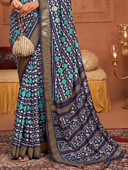 Navy Blue Ikat Motifs Printed Foil Border Silk Saree