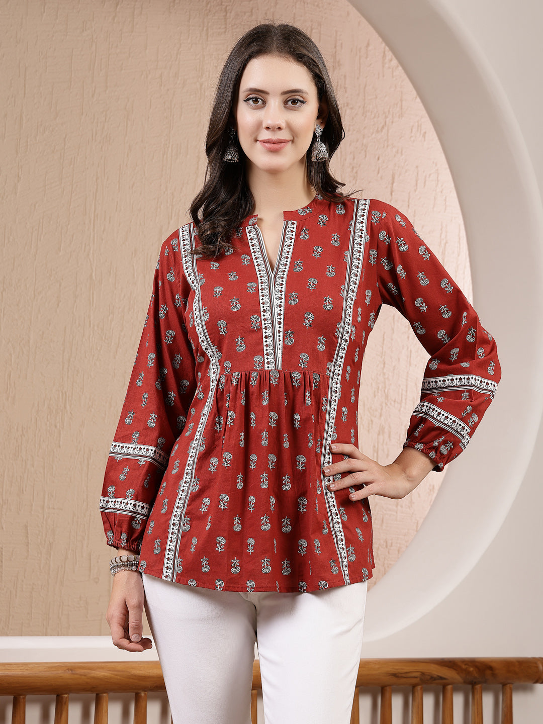 Rust Ethnic Motif Printed Cotton Empire Top