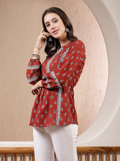 Rust Ethnic Motif Printed Cotton Empire Top