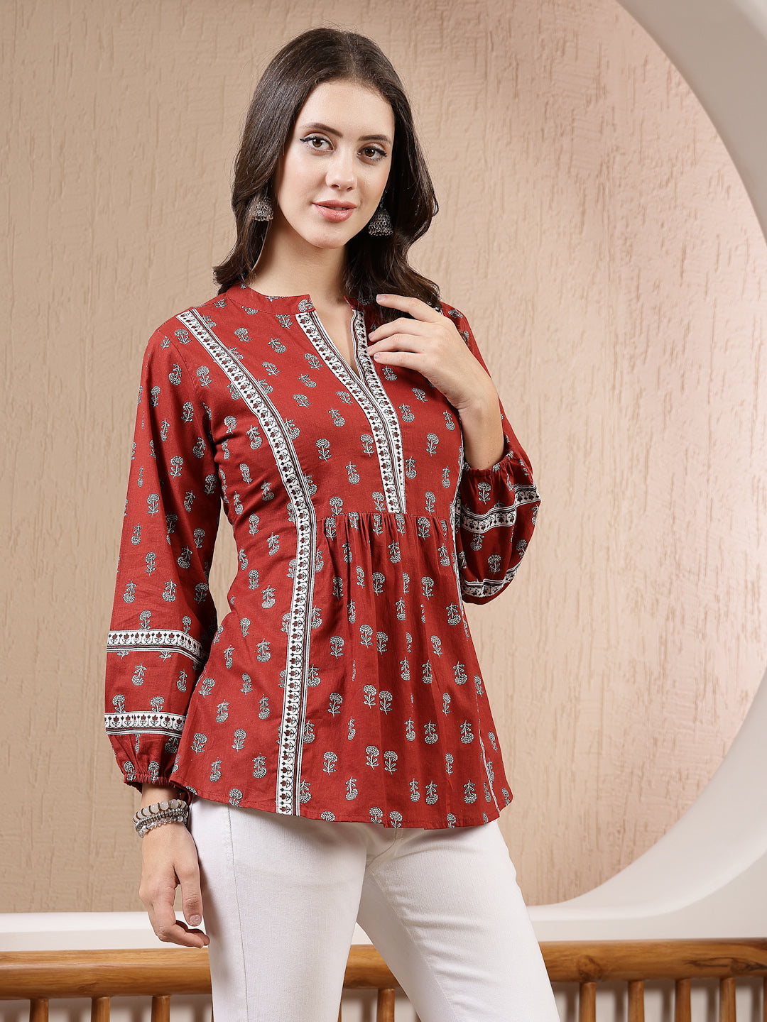 Rust Ethnic Motif Printed Cotton Empire Top