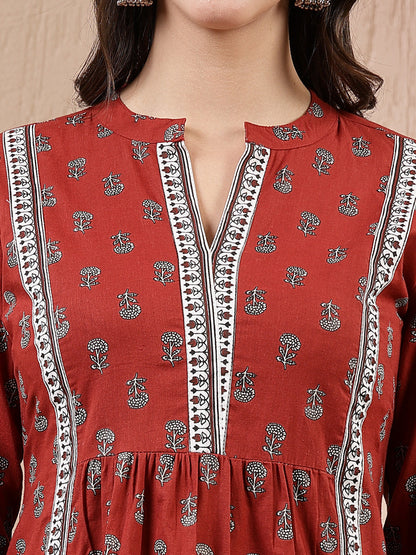 Rust Ethnic Motif Printed Cotton Empire Top