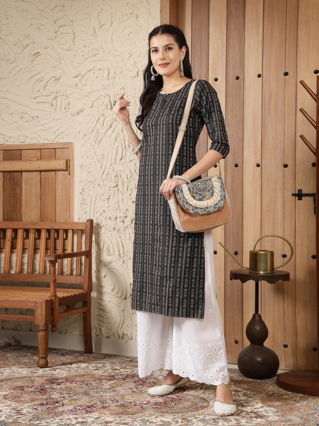 Woven Design Cotton Blend Straight Kurta