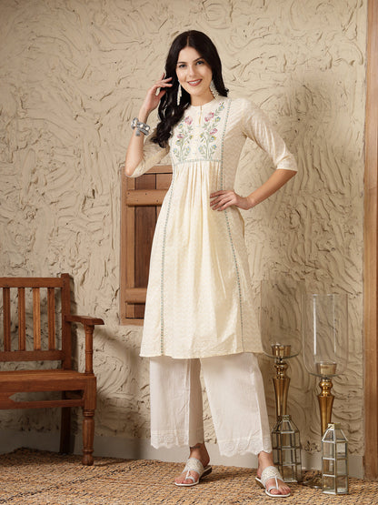 Cream Self Designed & Embroidered Cotton A-Line Kurta