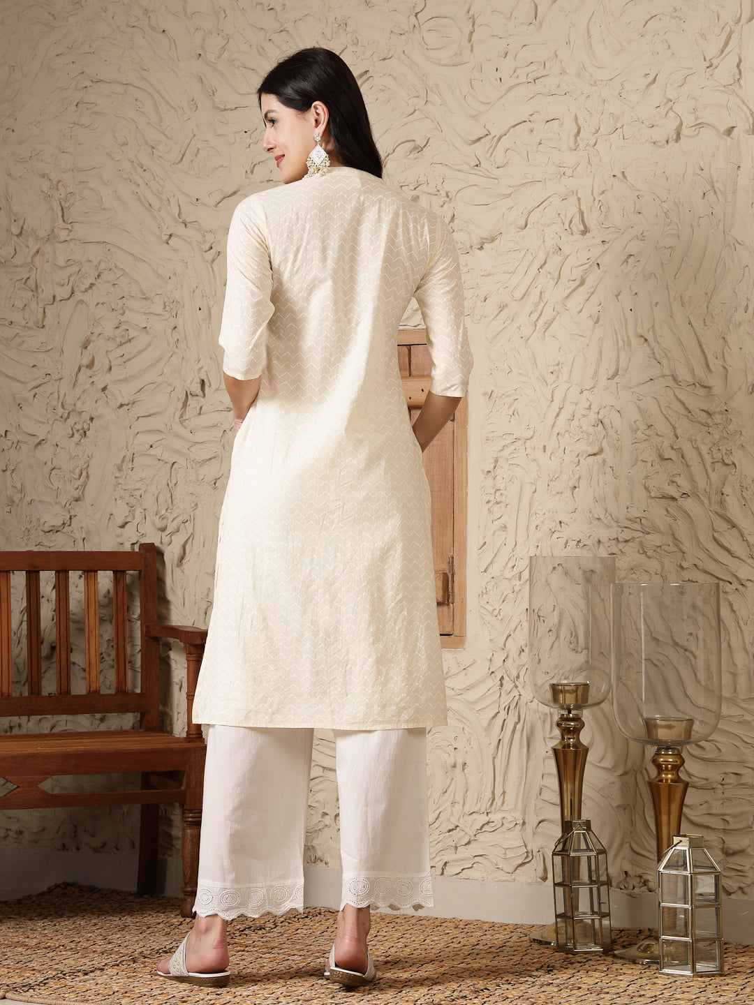 Cream Self Designed & Embroidered Cotton A-Line Kurta