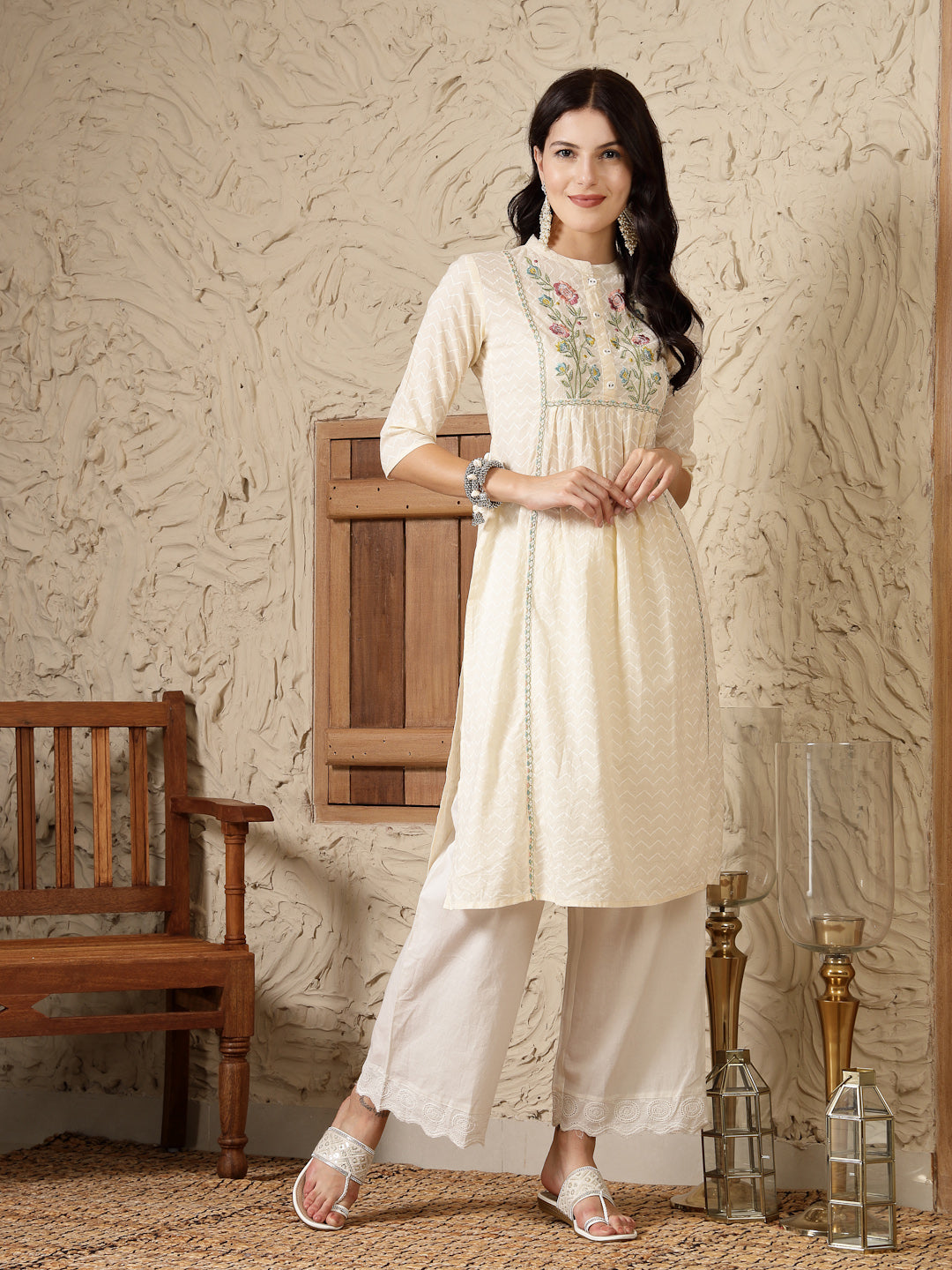 Cream Self Designed & Embroidered Cotton A-Line Kurta