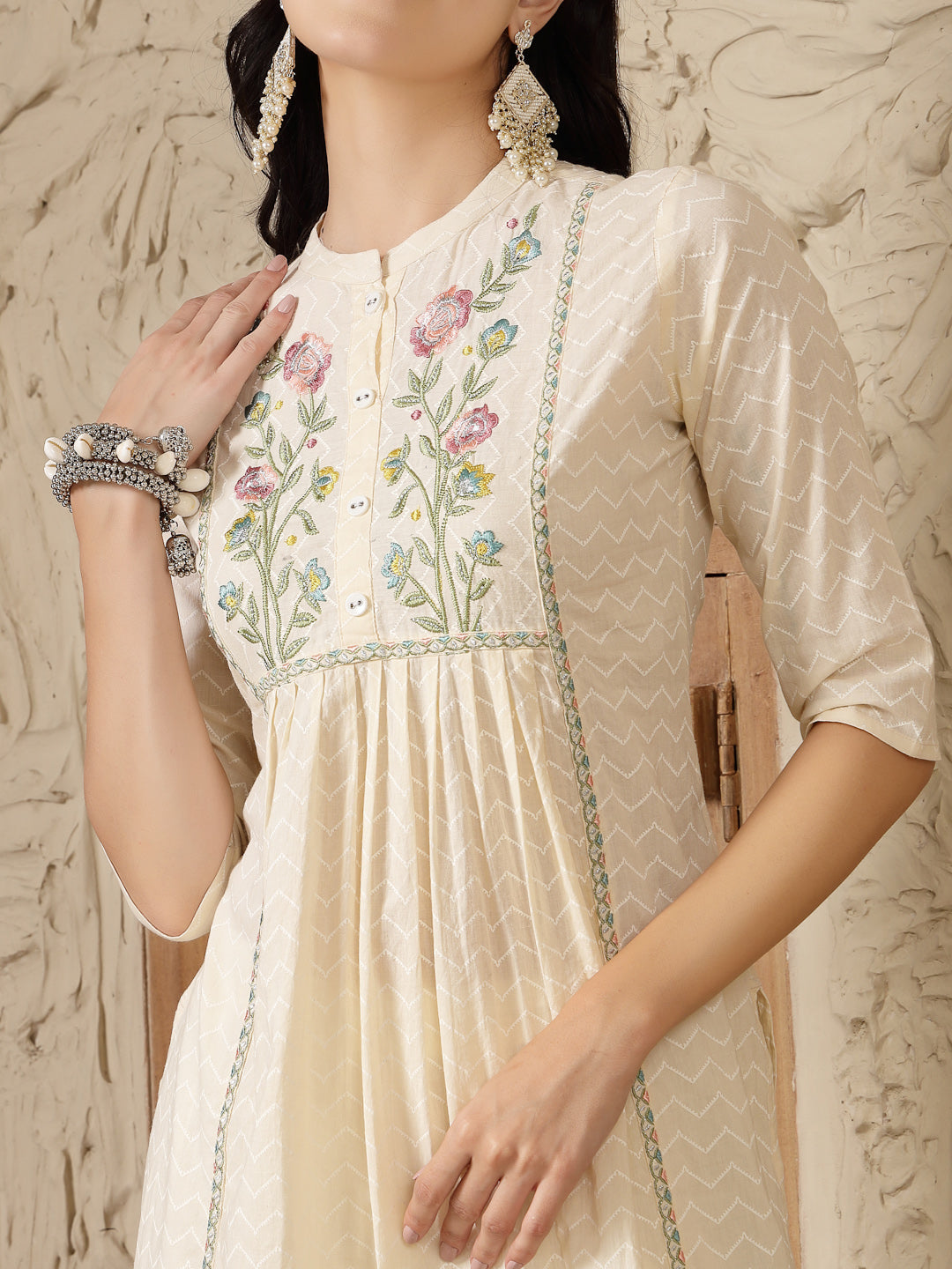 Cream Self Designed & Embroidered Cotton A-Line Kurta