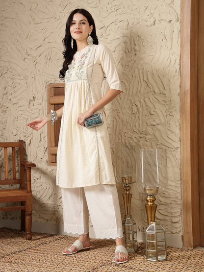 Cream Self Designed & Embroidered Cotton A-Line Kurta