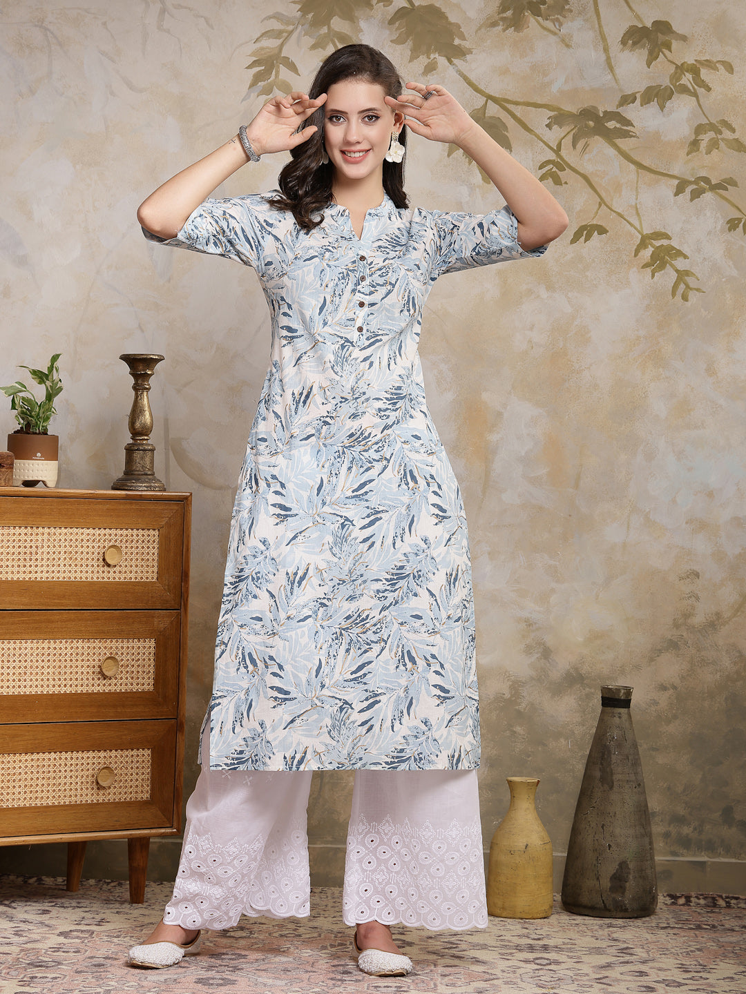 Blue Botanical Printed Cotton Straight Kurta