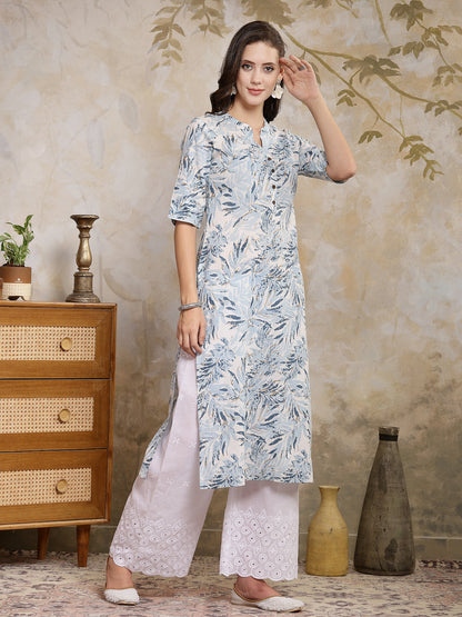 Blue Botanical Printed Cotton Straight Kurta