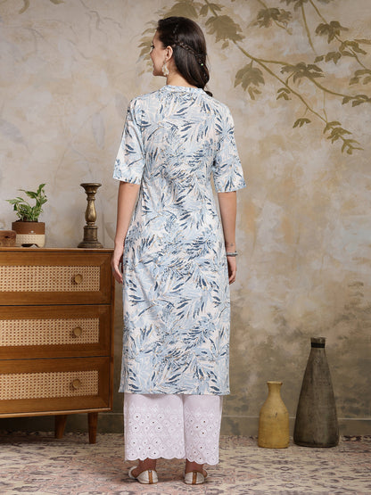 Blue Botanical Printed Cotton Straight Kurta