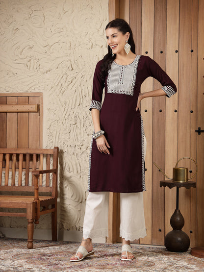 Wine Solid & Embroidered Rayon Straight Kurta