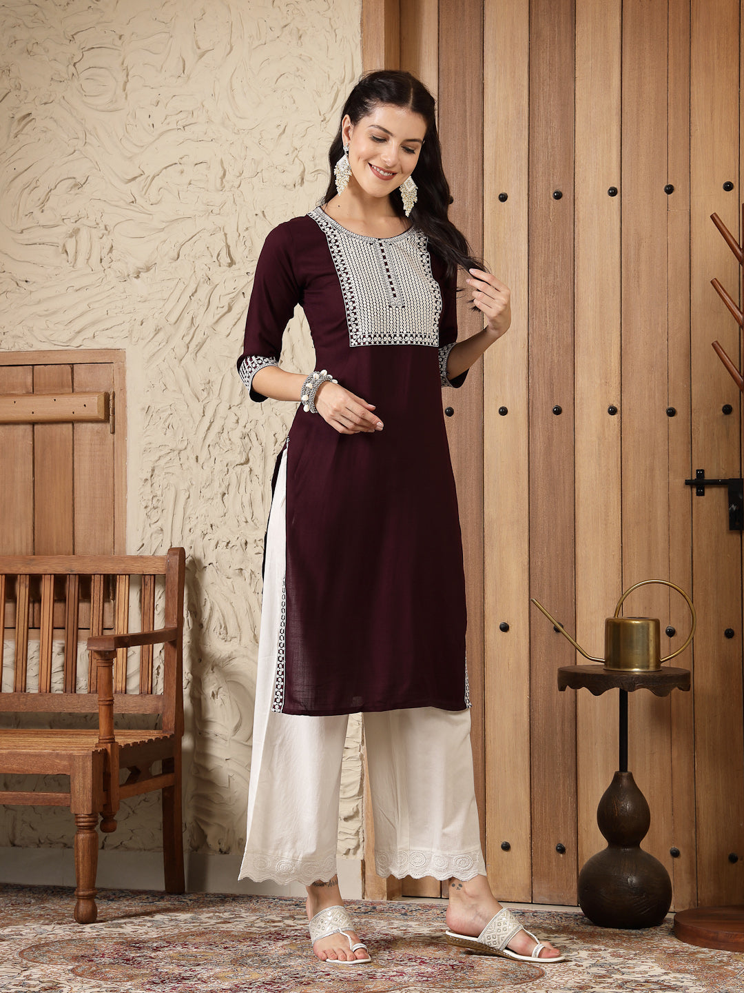 Wine Solid & Embroidered Rayon Straight Kurta