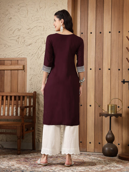 Wine Solid & Embroidered Rayon Straight Kurta