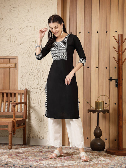 Black Solid & Embroidered Rayon Straight Kurta