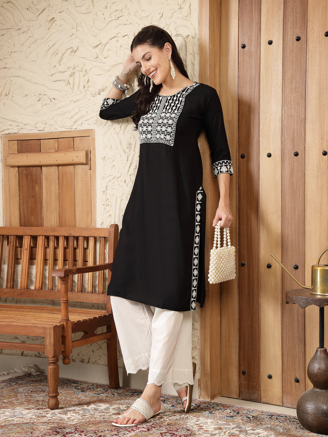 Black Solid & Embroidered Rayon Straight Kurta