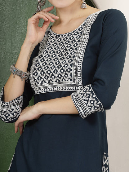 Teal Solid & Embroidered Rayon Straight Kurta