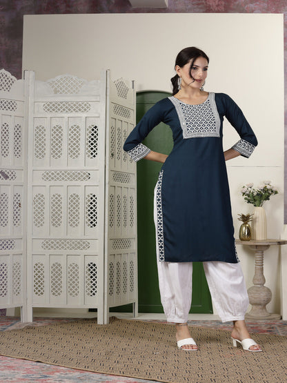 Teal Solid & Embroidered Rayon Straight Kurta