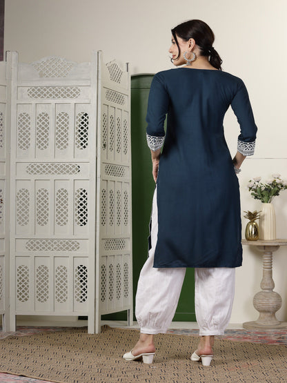 Teal Solid & Embroidered Rayon Straight Kurta