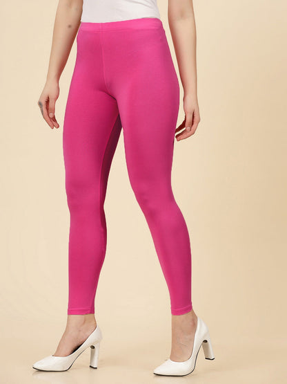 Solid Mid Rise Cotton Lycra Ankle Length Leggings