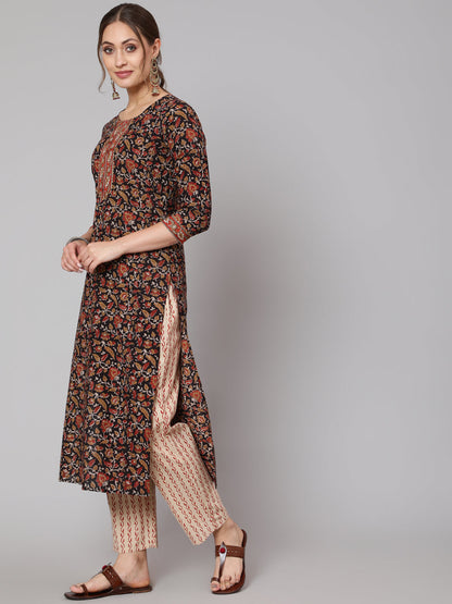 Cotton Black Calf Length Straight 3/4 Sleeve Round Neck Printed Kurta, Pants & Cotton Dupatta