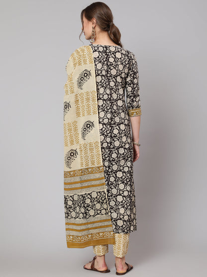 Cotton Black Calf Length Straight 3/4 Sleeve Round Neck Printed Kurta, Pants & Cotton Dupatta