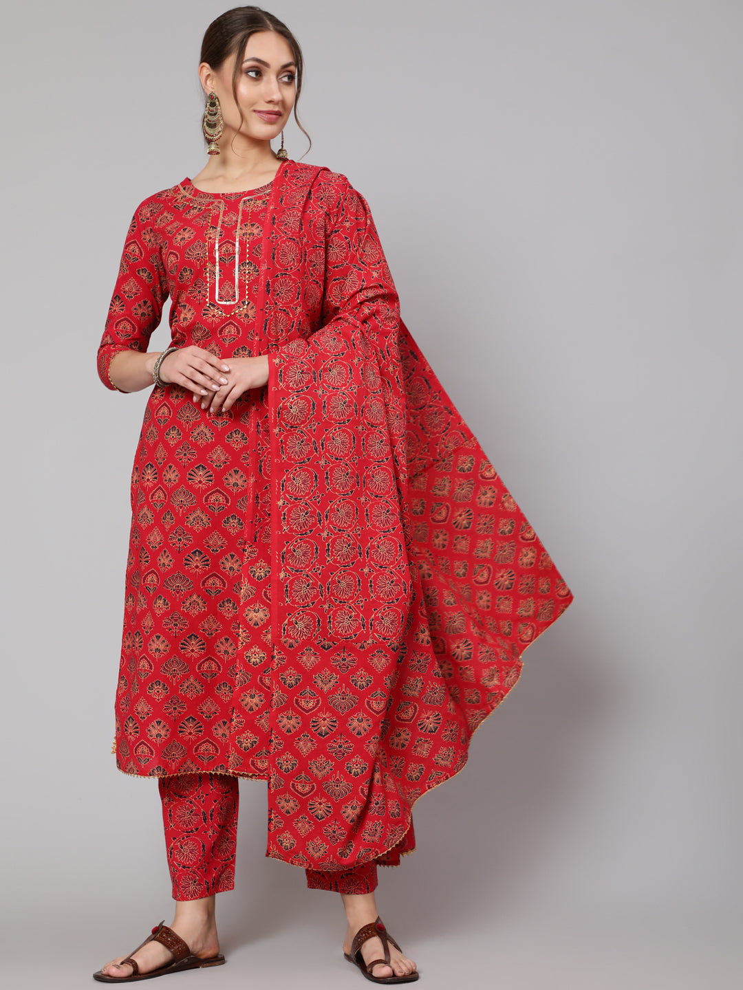 Cotton Red Calf Length Straight 3/4 Sleeve Round Neck Printed Kurta, Pants & Cotton Dupatta