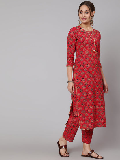 Cotton Red Calf Length Straight 3/4 Sleeve Round Neck Printed Kurta, Pants & Cotton Dupatta