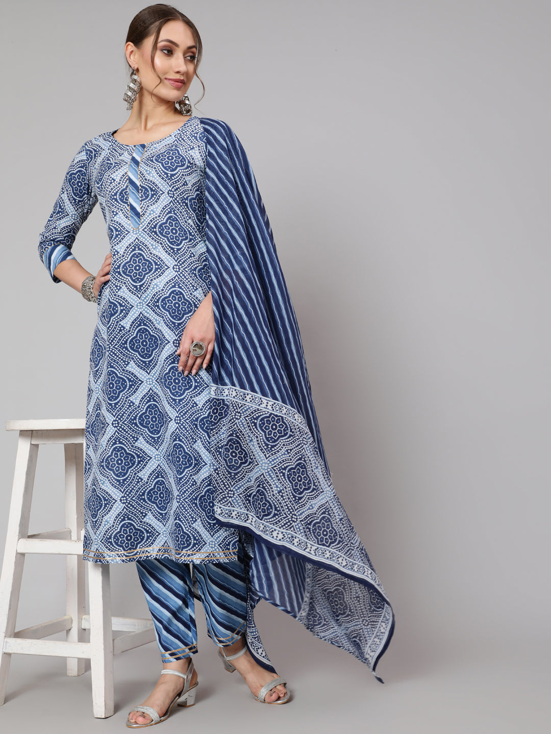 Cotton Blue Calf Length Straight 3/4 Sleeve Round Neck Printed Kurta, Pants & Cotton Dupatta