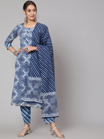 Cotton Blue Calf Length Straight 3/4 Sleeve Round Neck Printed Kurta, Pants & Cotton Dupatta