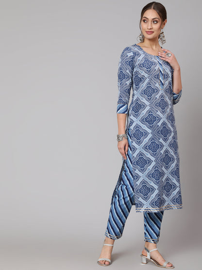 Cotton Blue Calf Length Straight 3/4 Sleeve Round Neck Printed Kurta, Pants & Cotton Dupatta