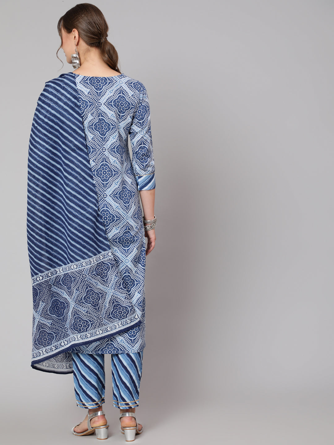 Cotton Blue Calf Length Straight 3/4 Sleeve Round Neck Printed Kurta, Pants & Cotton Dupatta