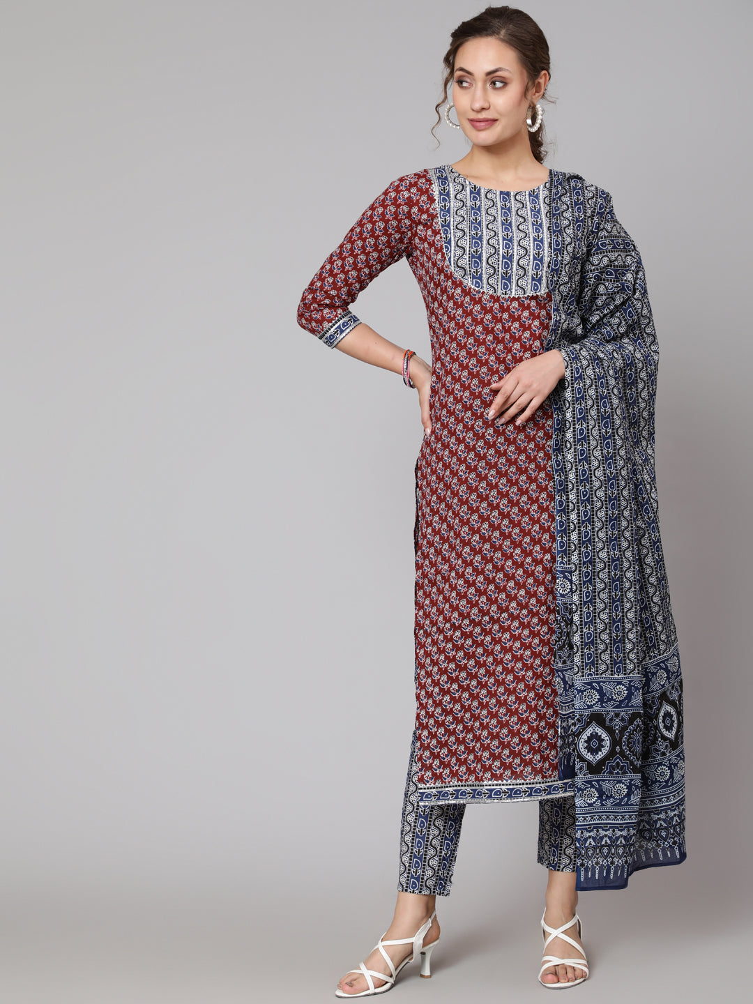 Cotton Maroon Calf Length Straight 3/4 Sleeve Round Neck Printed Kurta, Pants & Cotton Dupatta