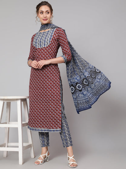 Cotton Maroon Calf Length Straight 3/4 Sleeve Round Neck Printed Kurta, Pants & Cotton Dupatta