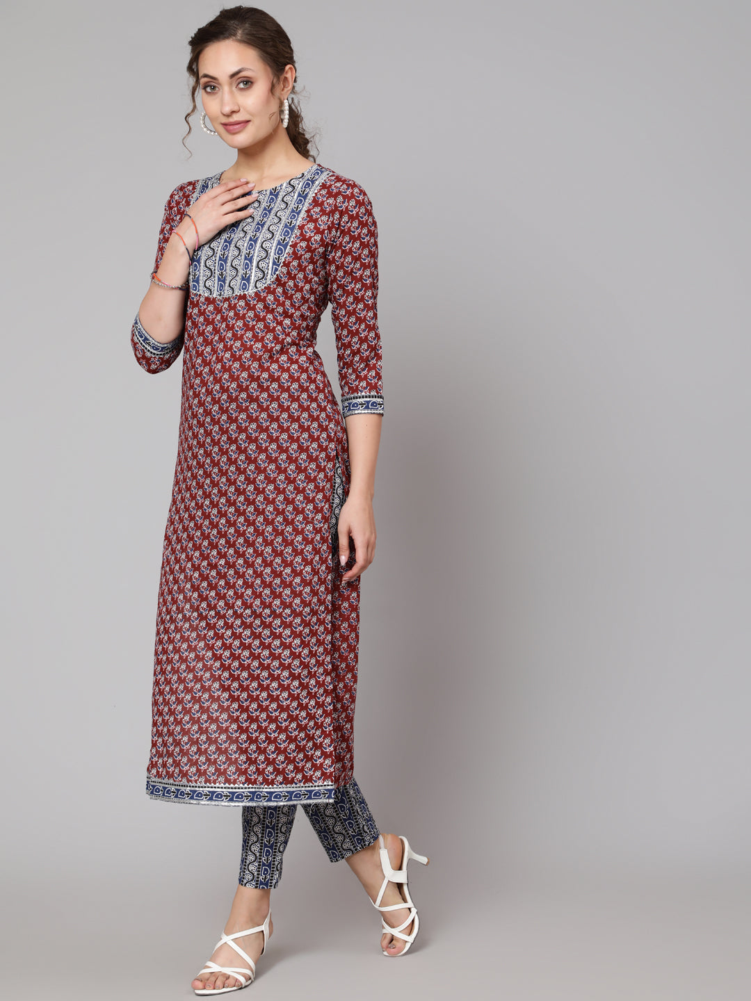 Cotton Maroon Calf Length Straight 3/4 Sleeve Round Neck Printed Kurta, Pants & Cotton Dupatta