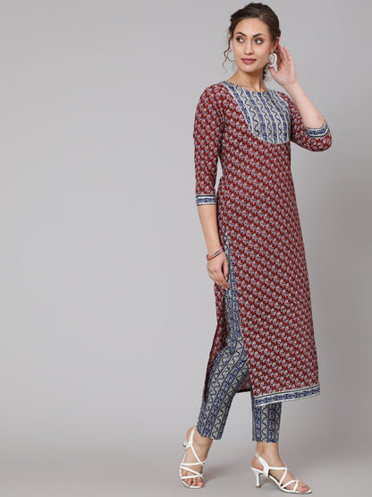 Cotton Maroon Calf Length Straight 3/4 Sleeve Round Neck Printed Kurta, Pants & Cotton Dupatta