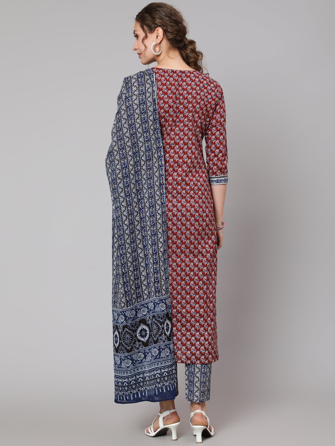 Cotton Maroon Calf Length Straight 3/4 Sleeve Round Neck Printed Kurta, Pants & Cotton Dupatta