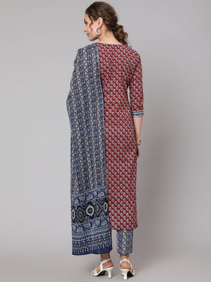 Cotton Maroon Calf Length Straight 3/4 Sleeve Round Neck Printed Kurta, Pants & Cotton Dupatta