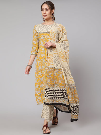 Cotton Green Calf Length Straight 3/4 Sleeve Round Neck Printed Kurta, Pants & Cotton Dupatta