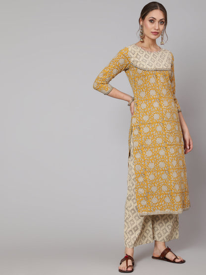 Cotton Green Calf Length Straight 3/4 Sleeve Round Neck Printed Kurta, Pants & Cotton Dupatta