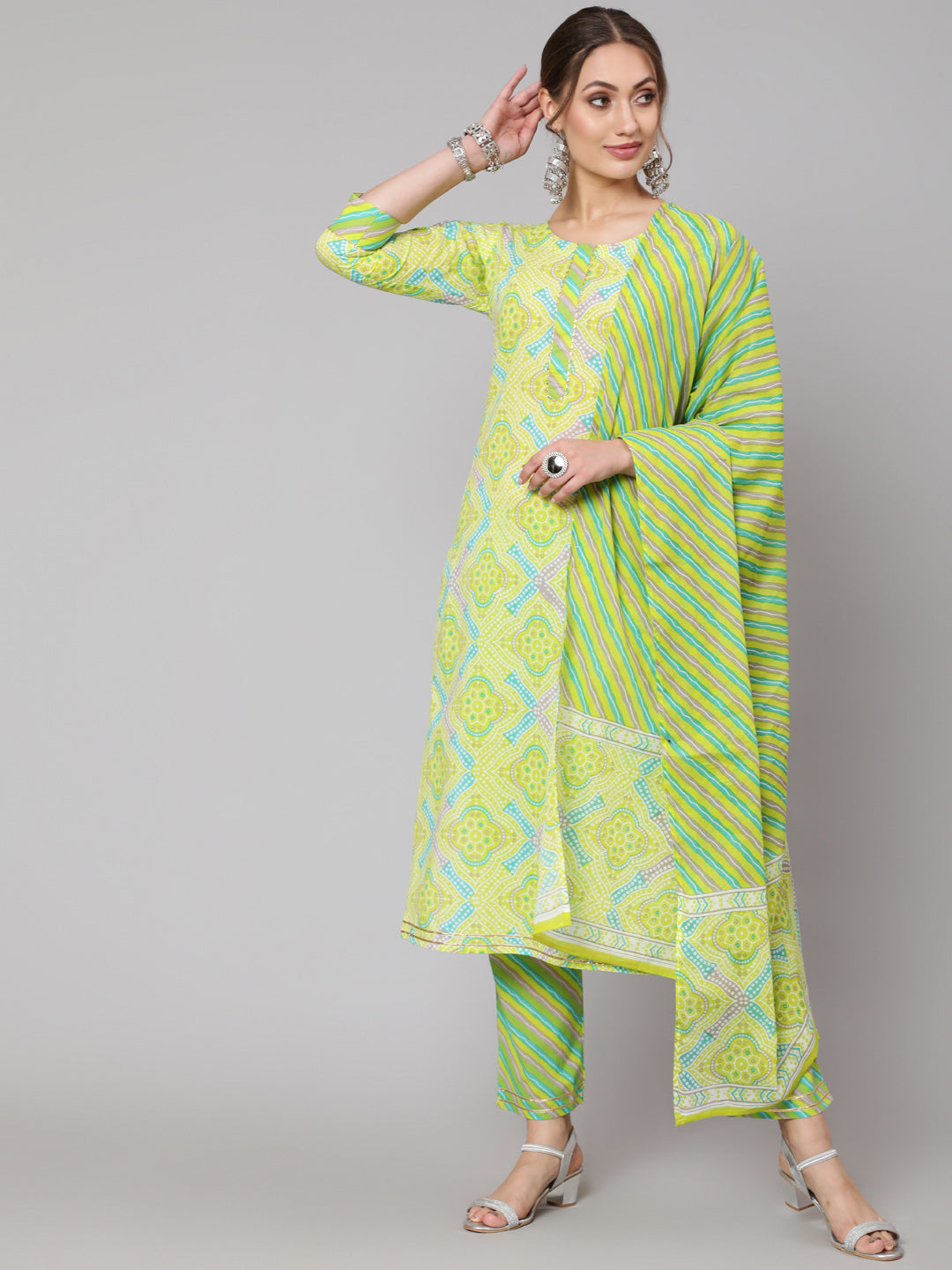 Cotton Green Calf Length Straight 3/4 Sleeve Round Neck Printed Kurta, Pants & Cotton Dupatta