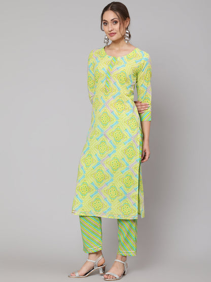 Cotton Green Calf Length Straight 3/4 Sleeve Round Neck Printed Kurta, Pants & Cotton Dupatta