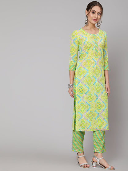 Cotton Green Calf Length Straight 3/4 Sleeve Round Neck Printed Kurta, Pants & Cotton Dupatta